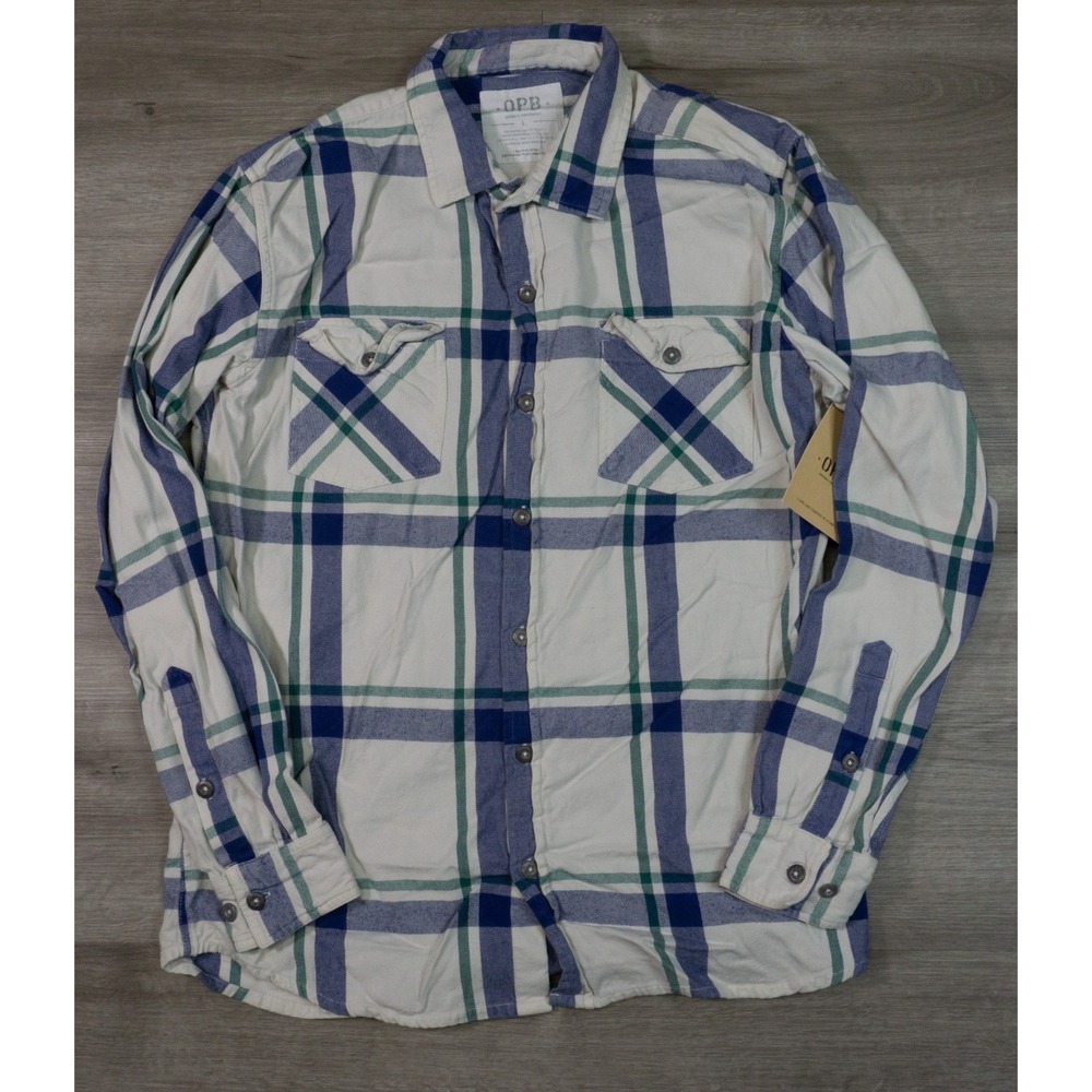 Original Paperbacks Twill Cotton Plaid Overshirt Mens Large White Blue Green NEW